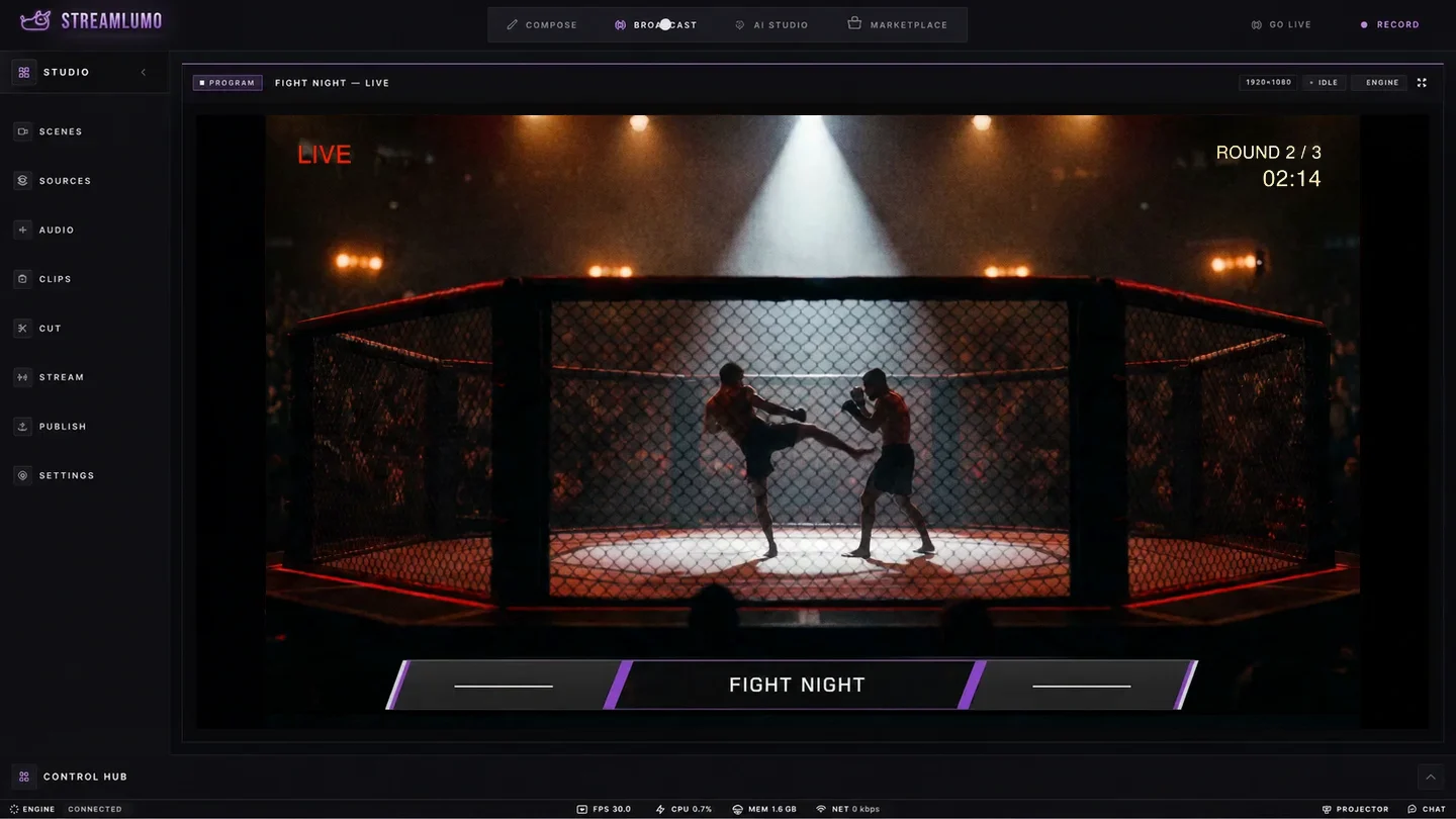 StreamLumo Desktop Studio running a Fight Night program on air