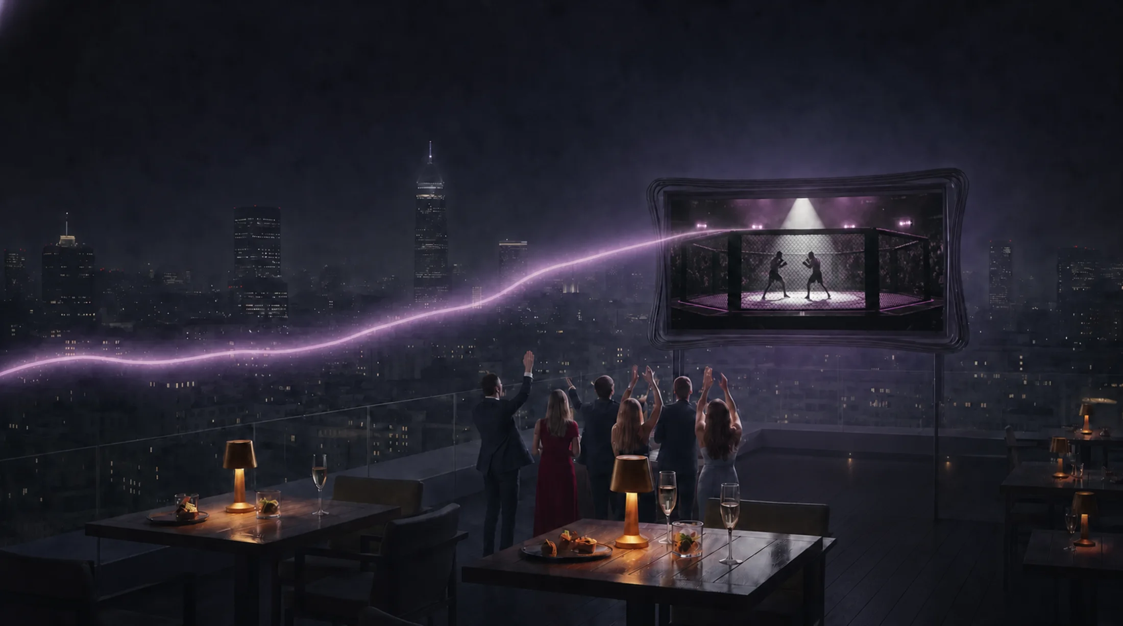 A rooftop audience watching a StreamLumo program carried by a lilac signal